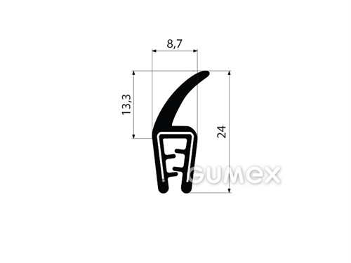 Profil U-PIRELI s kovovou výstužou so zástavkou A1077, pre nasunutie 0,5-3mm, 78°ShA, U-PVC, zástavka-EPDM, -25°C/+70°C, čierny